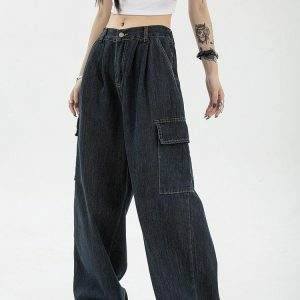 Acubi Y2K Dark Wash Cargo Jeans - Trendy Coquette Style for Aesthetic Looks