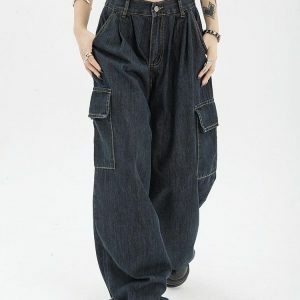 Acubi Y2K Dark Wash Cargo Jeans - Trendy Coquette Style for Aesthetic Looks