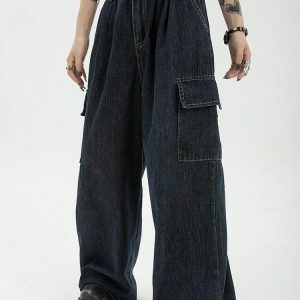 Acubi Y2K Dark Wash Cargo Jeans - Trendy Coquette Style for Aesthetic Looks