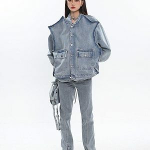 Asymmetric Design Denim Jacket - Y2K Fashion, Coquette Style, Aesthetic Outfits