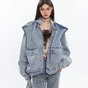 Asymmetric Design Denim Jacket - Y2K Fashion, Coquette Style, Aesthetic Outfits