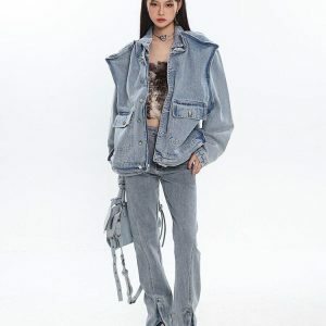 Asymmetric Design Denim Jacket - Y2K Fashion, Coquette Style, Aesthetic Outfits