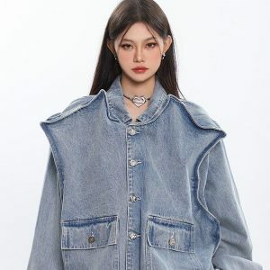 Asymmetric Design Denim Jacket - Y2K Fashion, Coquette Style, Aesthetic Outfits