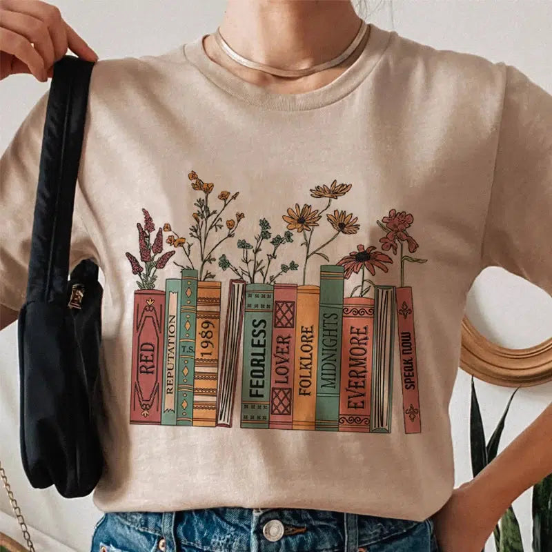 Books & Flowers Tee - Y2K Aesthetic, Coquette Style, Soft Girl Era