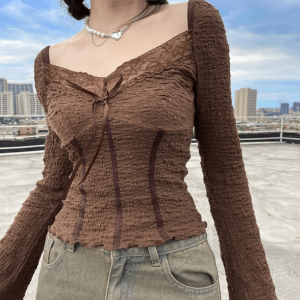 Brown Fairycore Top - Y2K Fashion, Coquette Style, Aesthetic Clothing