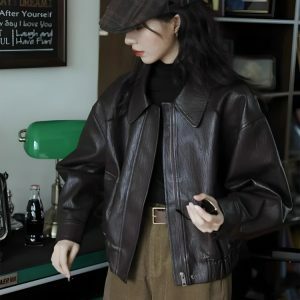 Brown Faux Leather Jacket - Y2K Fashion, Coquette Style, Aesthetic Vibes