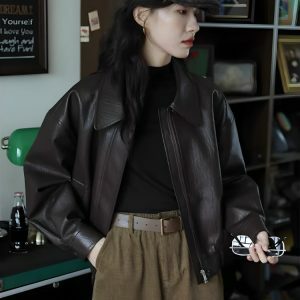 Brown Faux Leather Jacket - Y2K Fashion, Coquette Style, Aesthetic Vibes