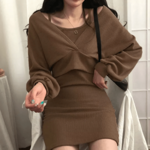 Brown Knitted Mini Dress - Y2K Fashion, Coquette Style, Aesthetic Outfit