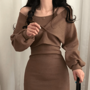 Brown Knitted Mini Dress - Y2K Fashion, Coquette Style, Aesthetic Outfit