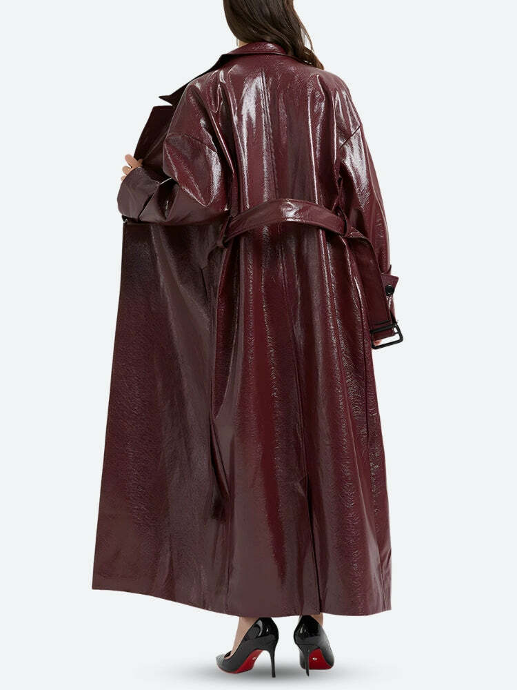 Burgundy Faux Leather Coat - Y2K Fashion, Coquette Style, Aesthetic Outfit