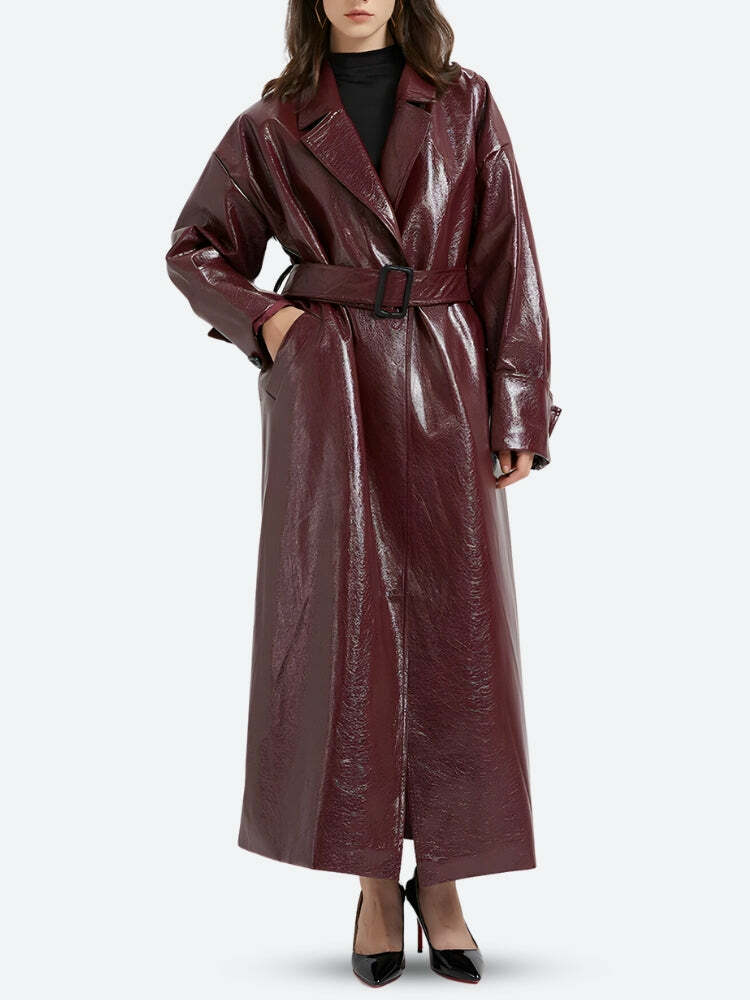 Burgundy Faux Leather Coat - Y2K Fashion, Coquette Style, Aesthetic Outfit