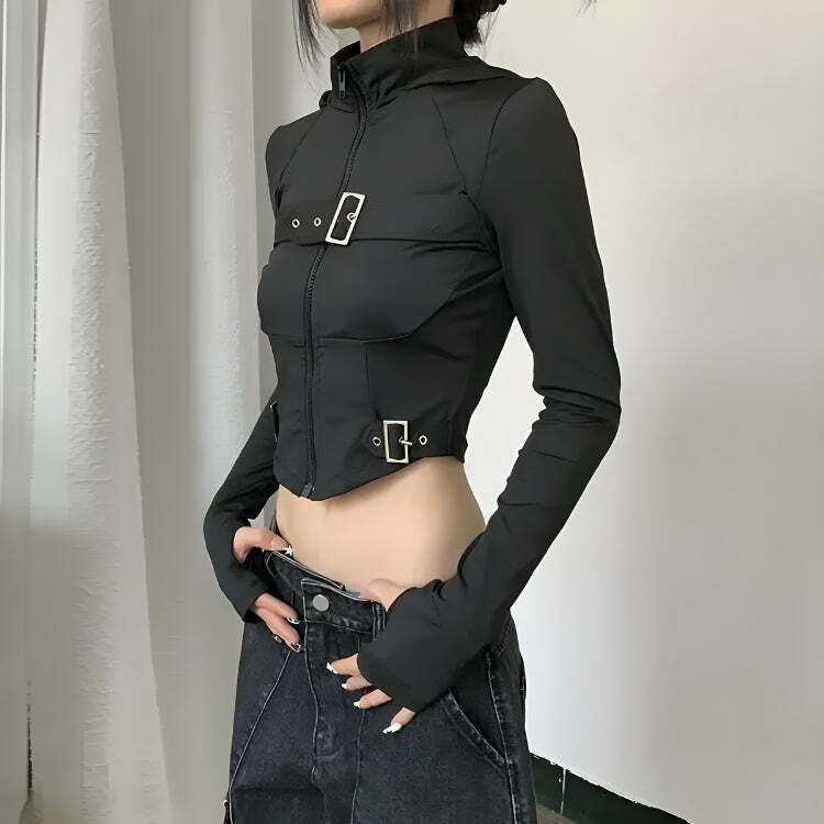 Cyberpunk Belted Zip-Up Crop Jacket - Y2K Fashion & Coquette Style