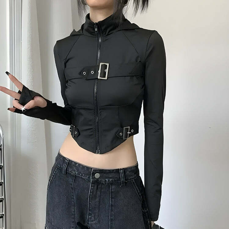 Cyberpunk Belted Zip-Up Crop Jacket - Y2K Fashion & Coquette Style