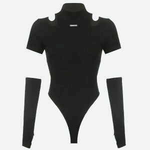 Cyberpunk Cut Out Corduroy Bodysuit - Y2K Fashion & Coquette Style