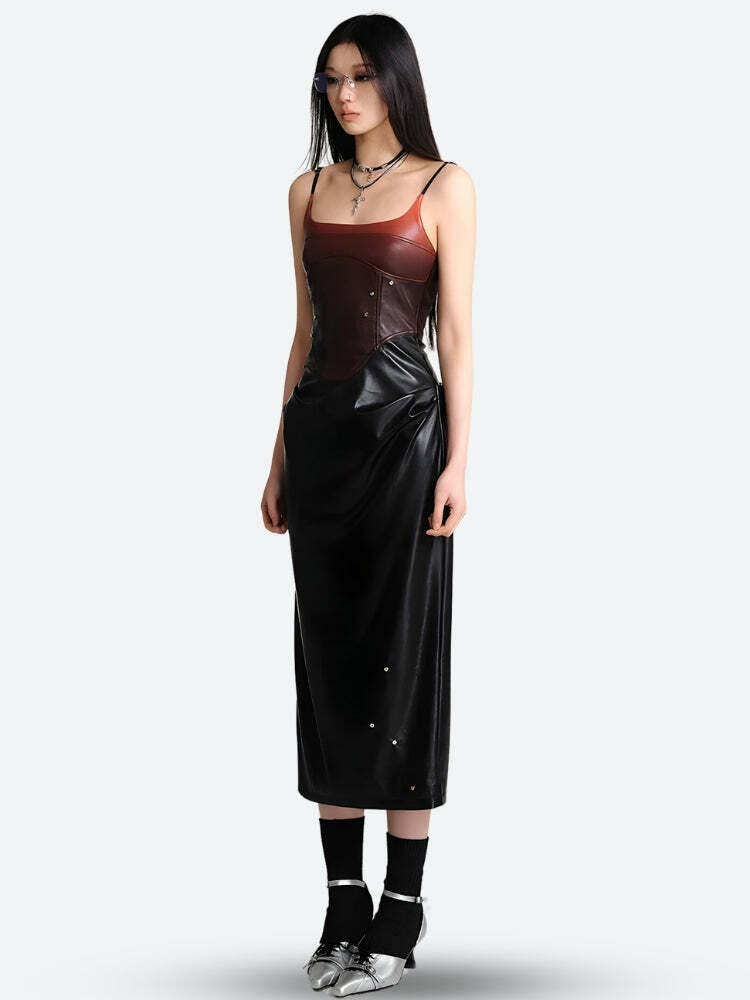 Cyberpunk Faux Leather Midi Dress - Y2K Fashion & Coquette Style