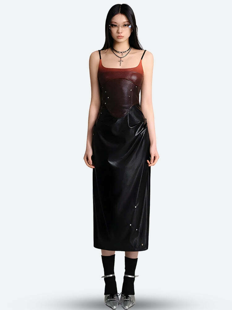 Cyberpunk Faux Leather Midi Dress - Y2K Fashion & Coquette Style