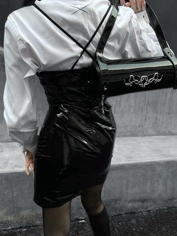 Cyberpunk Faux Patent Leather Mini Dress - Y2K & Coquette Aesthetic