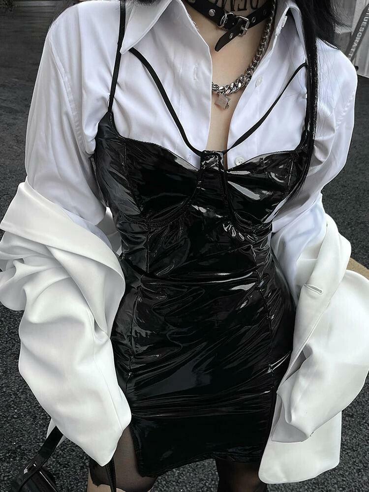 Cyberpunk Faux Patent Leather Mini Dress - Y2K & Coquette Aesthetic