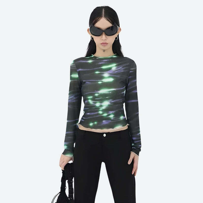 Cyberpunk Green Lights Mesh Top - Y2K Fashion & Coquette Style