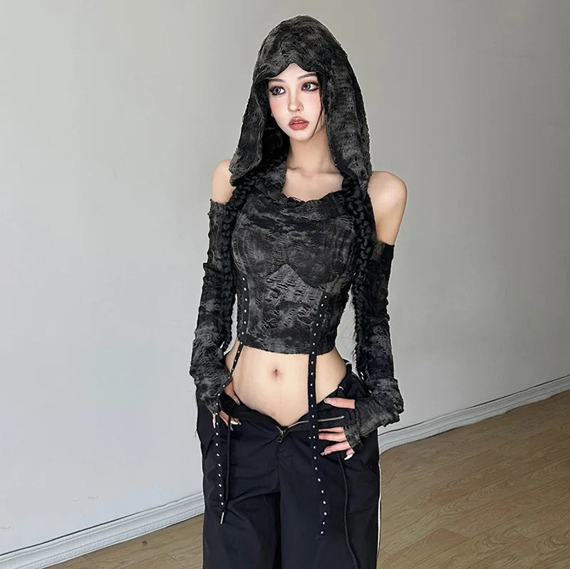 Cyberpunk Off-Shoulder Hooded Top | Y2K Fashion & Coquette Style