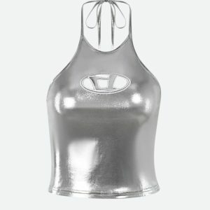 Cyberpunk Silver Halter Neck Top - Y2K Fashion & Coquette Style