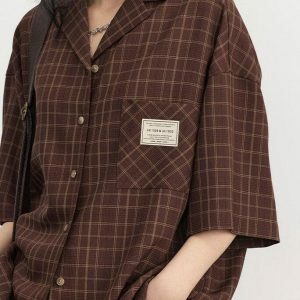 Dark Academia V-Neck Plaid Shirt - Y2K Fashion & Coquette Style