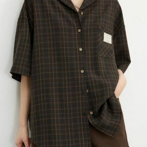 Dark Academia V-Neck Plaid Shirt - Y2K Fashion & Coquette Style