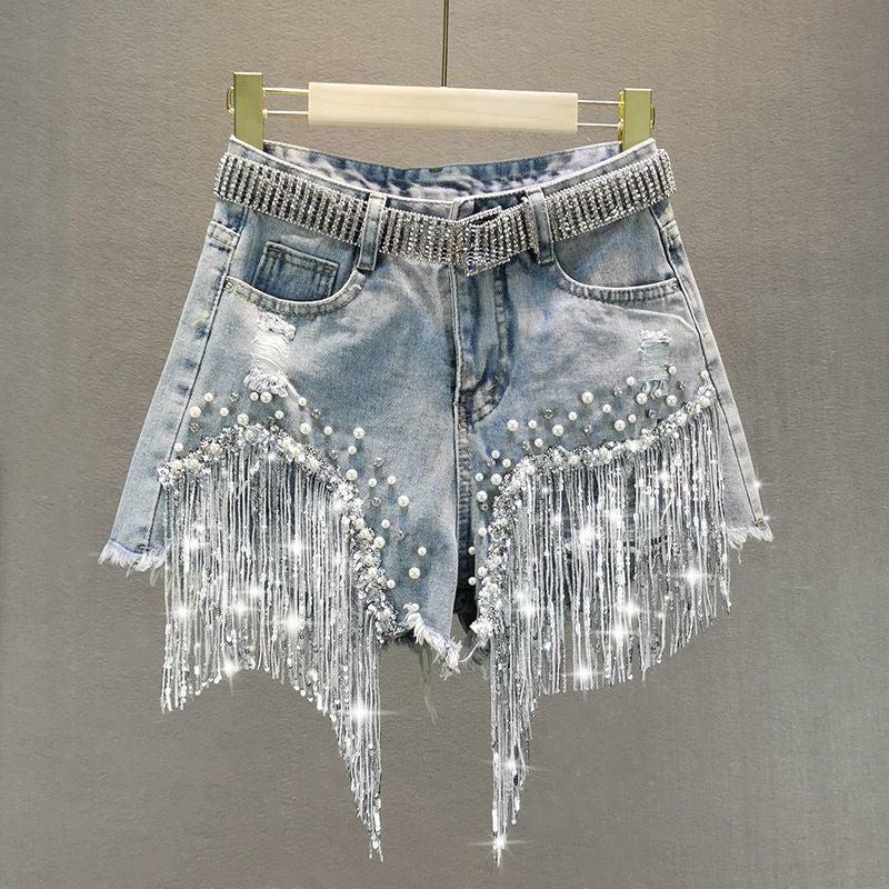 Disco Cowgirl Rhinestone Fringe Y2K Denim Shorts for Aesthetic Outfits