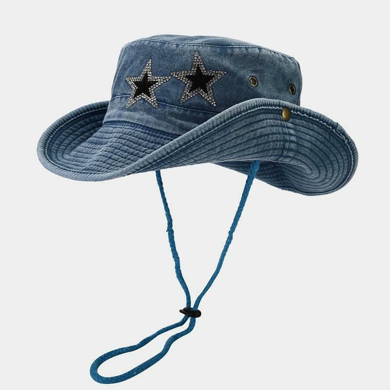 Disco Cowgirl Star Print Denim Hat - Y2K Fashion & Coquette Style