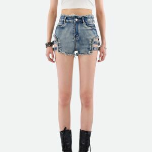 Distressed Cut Out Denim Shorts - Y2K Fashion & Coquette Style Essential