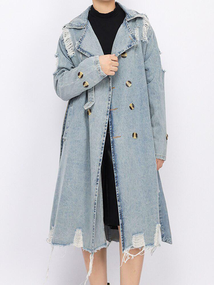 Distressed Denim Trench Coat - Y2K Fashion & Coquette Style Essential