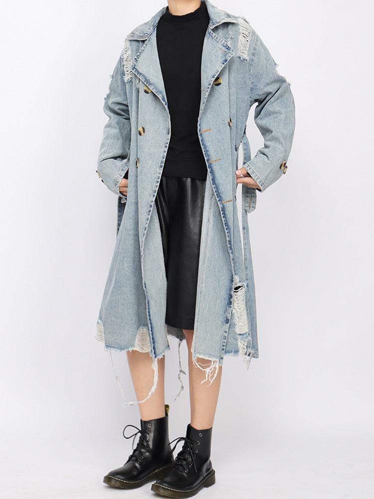 Distressed Denim Trench Coat - Y2K Fashion & Coquette Style Essential