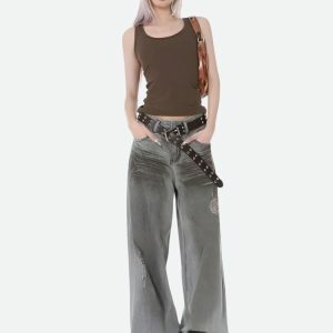 Distressed Wide Leg Jeans - Y2K Fashion, Coquette Style, Aesthetic Vibes