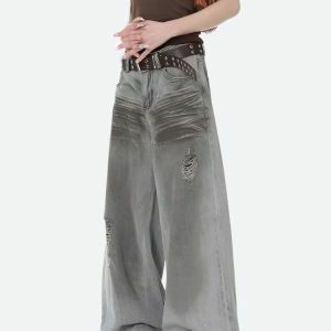 Distressed Wide Leg Jeans - Y2K Fashion, Coquette Style, Aesthetic Vibes