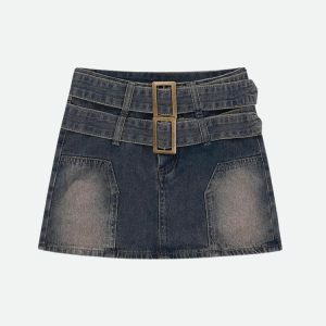 Double Belted Denim Mini Skort - Y2K Fashion & Coquette Style Essential