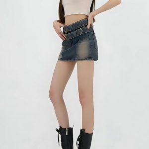 Double Belted Denim Mini Skort - Y2K Fashion & Coquette Style Essential