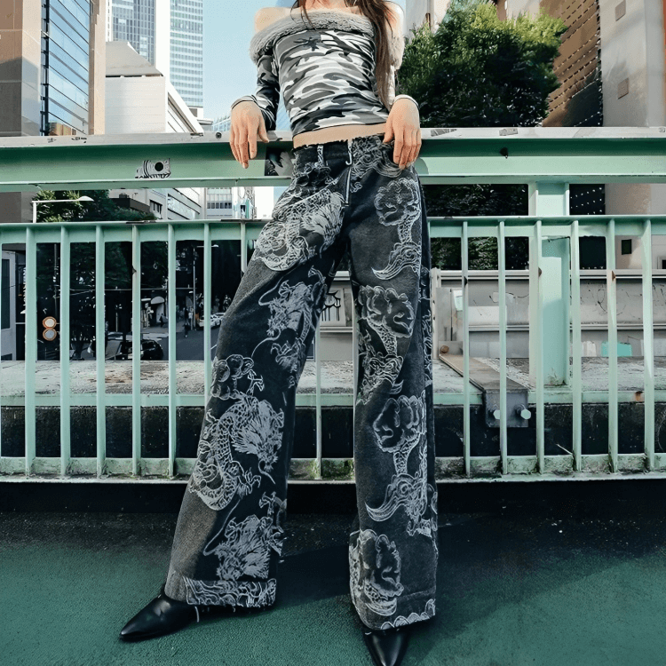 Dragon Printed Y2K Jeans - Aesthetic Coquette Style for Unique Fashion