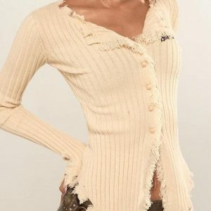 Fairy Grunge Distressed Corduroy Cardigan - Y2K Aesthetic Fashion