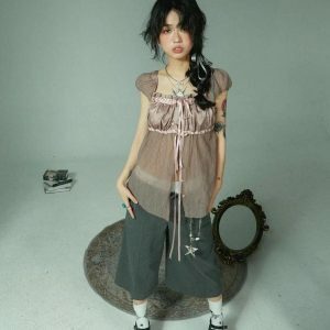 Fairy Grunge Sheer Ruched Top | Y2K Fashion & Coquette Aesthetic