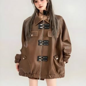 Faux Leather Oversized Jacket - Y2K Fashion & Coquette Style Essential