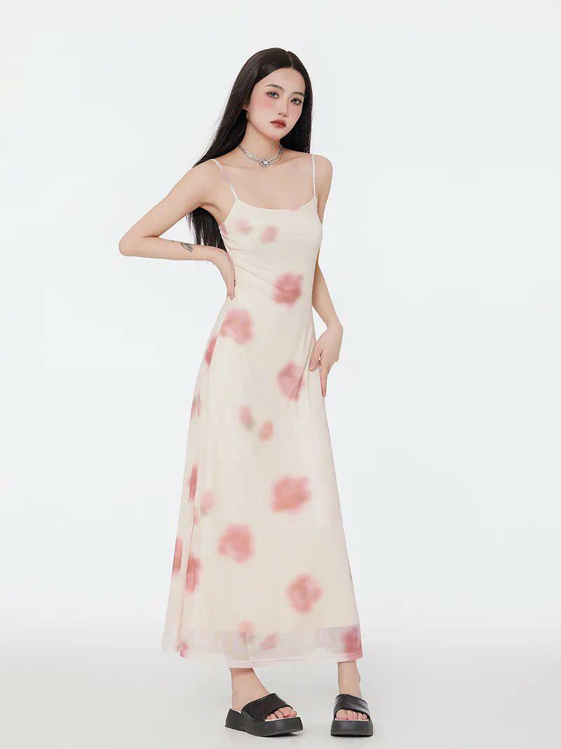 Floral Mesh Spaghetti Strap Maxi Dress - Y2K & Coquette Aesthetic