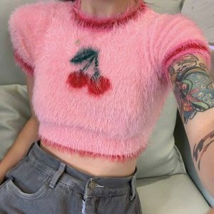 Fluffy Cherry Crop Top - Y2K Fashion, Coquette Style, Aesthetic Outfits