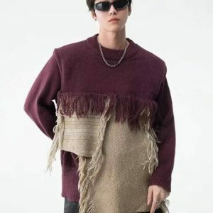 Fringe Patchwork Knitted Sweater - Y2K Fashion & Coquette Style