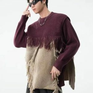 Fringe Patchwork Knitted Sweater - Y2K Fashion & Coquette Style