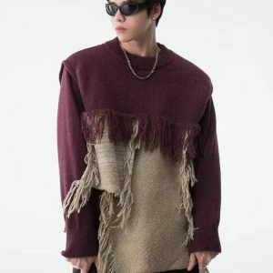 Fringe Patchwork Knitted Sweater - Y2K Fashion & Coquette Style