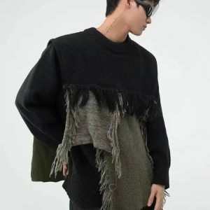 Fringe Patchwork Knitted Sweater - Y2K Fashion & Coquette Style