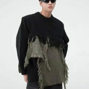 Fringe Patchwork Knitted Sweater - Y2K Fashion & Coquette Style