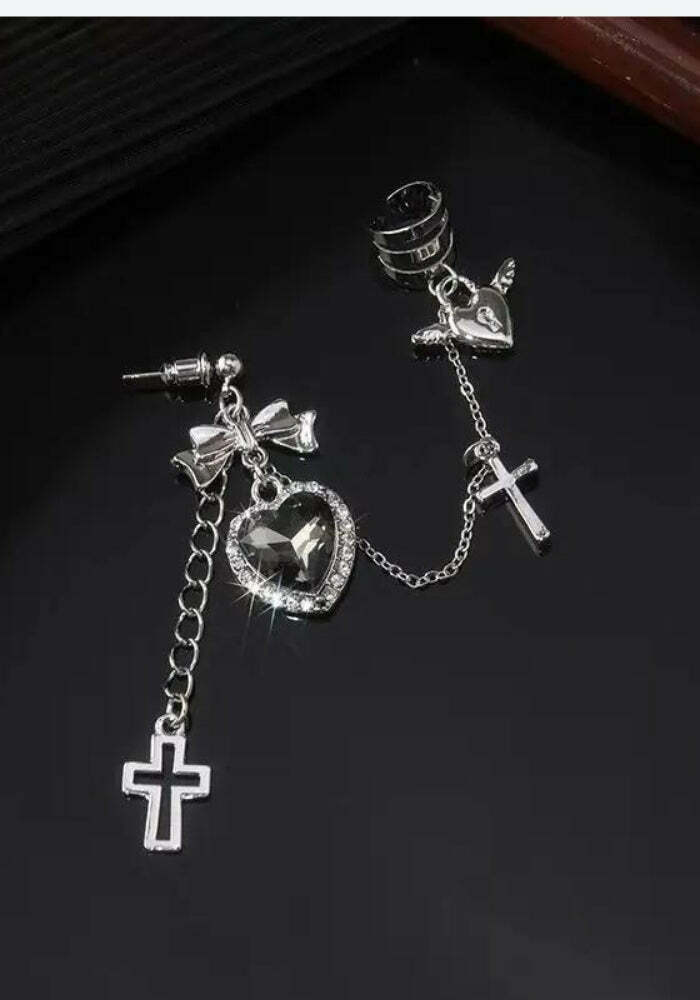 Goth Heart Cross Chain Earrings | Y2K Fashion & Coquette Aesthetic