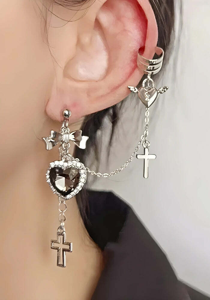 Goth Heart Cross Chain Earrings | Y2K Fashion & Coquette Aesthetic