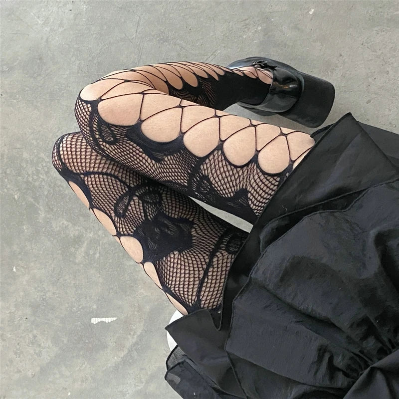 Goth Rose Fishnet Tights - Y2K Fashion, Coquette Style, Aesthetic Clothing